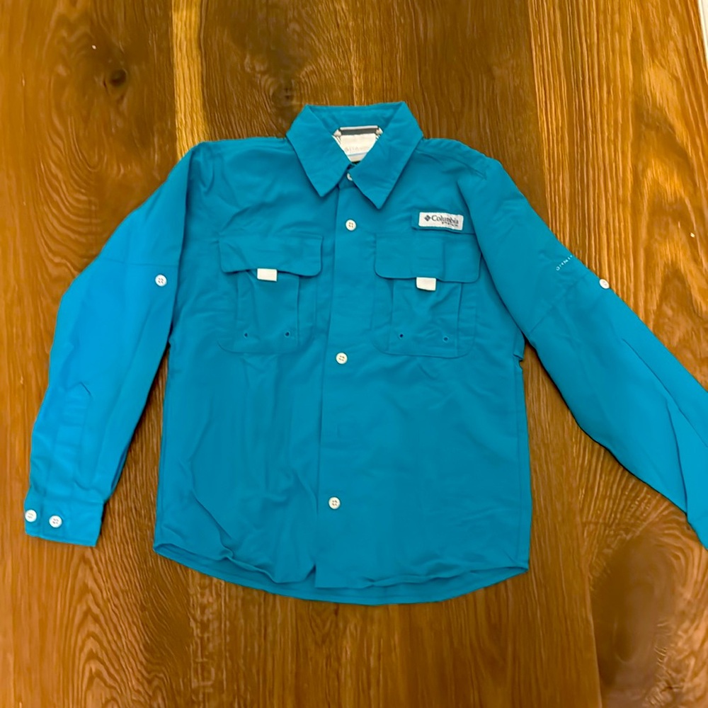 Columbia PFG kids hiking shirt in teal blue